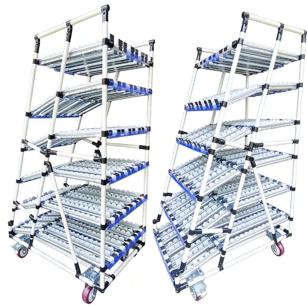Lean Pipe Flow Rack Cart Line Pipe FIFO Material Trolley Mobile Sliding Roller Track Workstation Cart for Assembly Line