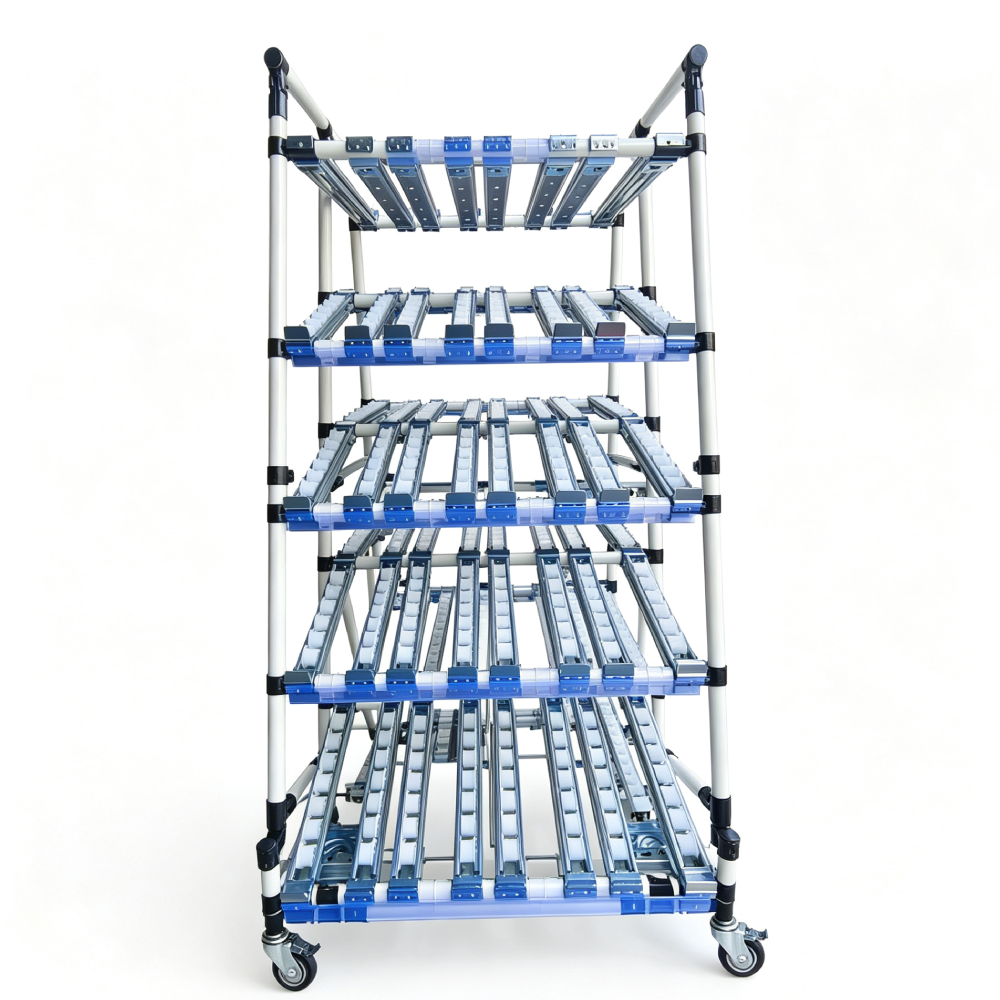 Mobile FIFO Lean Tube Flow Rail Trolley Wire Rod Roller Shelving Cart Anti-static Optional Workshop Component Handling Cart